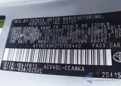 2007 Toyota Camry Le из США, поврежденный, VIN 4T1BE46K27U138440